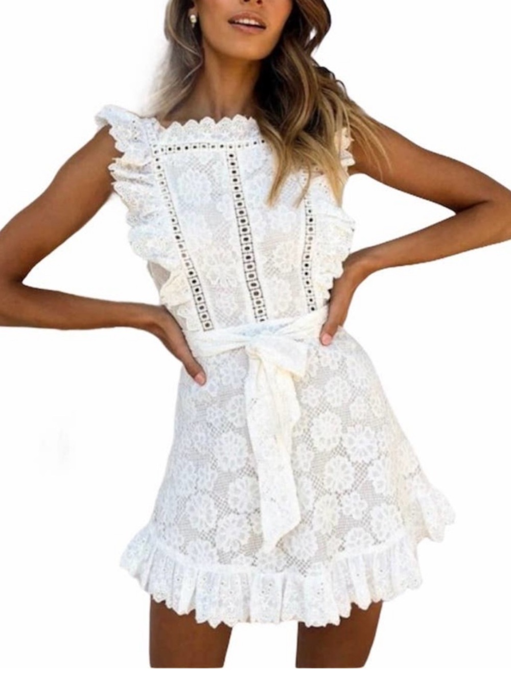 Rehearsal Dress/ Wedding Shower Dress Cream Lace Mini Dress with Ruffle Straps
